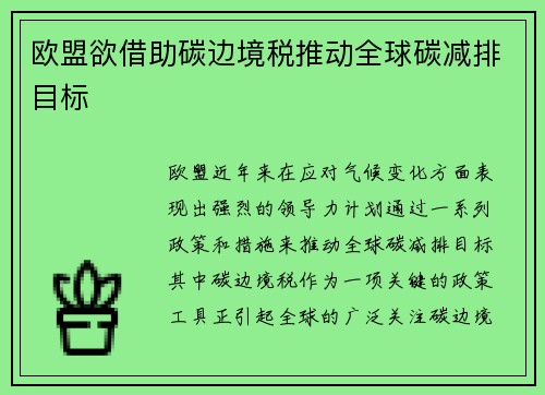 欧盟欲借助碳边境税推动全球碳减排目标